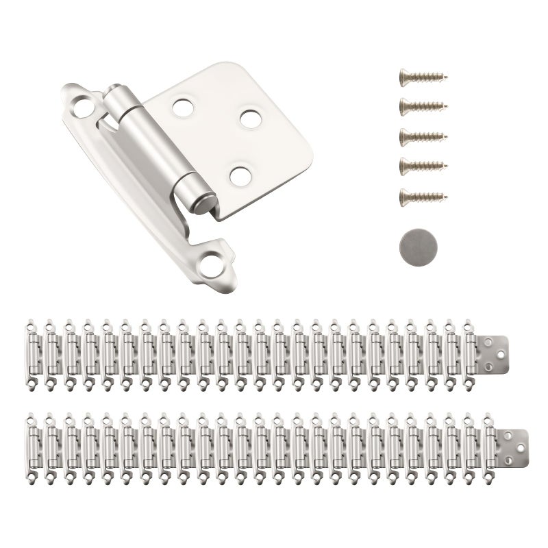 HOME MASTER HARDWARE 50 Packs (25 Pairs) 1/2" Inset Satin Nickel Cabinet Hinges, Self Closing Cabinet Door Hinges with Door Bumper, Semi-Concealed Hinges for Kitchen/Furniture Cabinets & Doors - Image 1